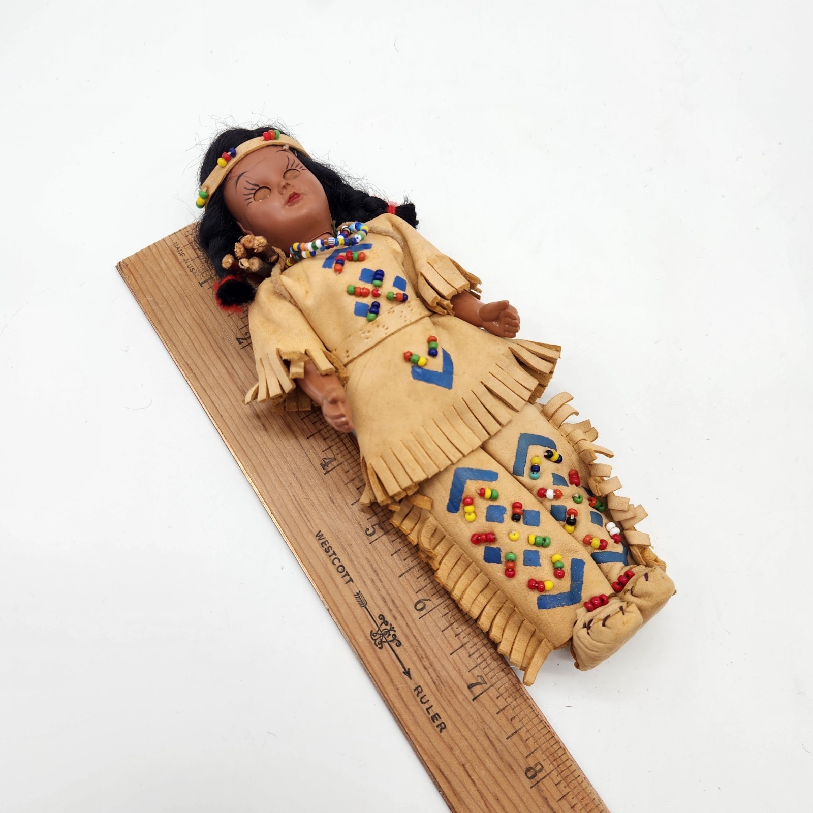 Vintage Plastic Native American Indian Girl Doll 7.5"