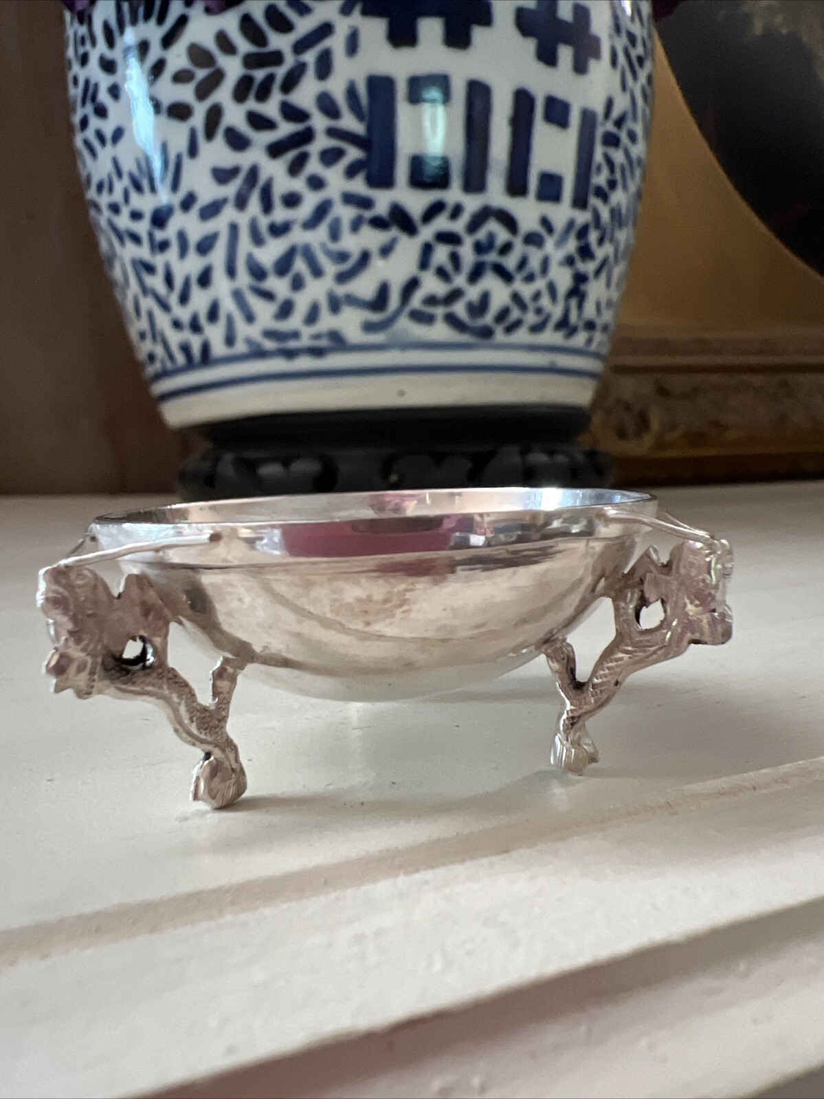 Antique Chinese Sterling Silver Dragon Salt Cellar Bowl VERY OLD GOOD CONDITION