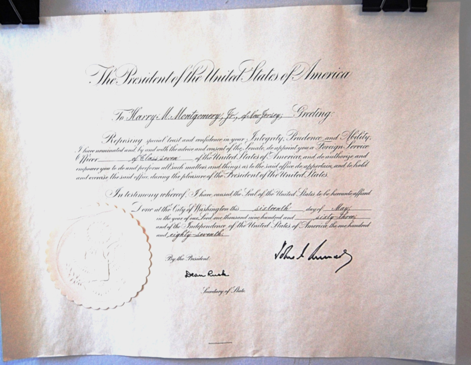 1963 President John F Kennedy Signed Foreign Service Appointment