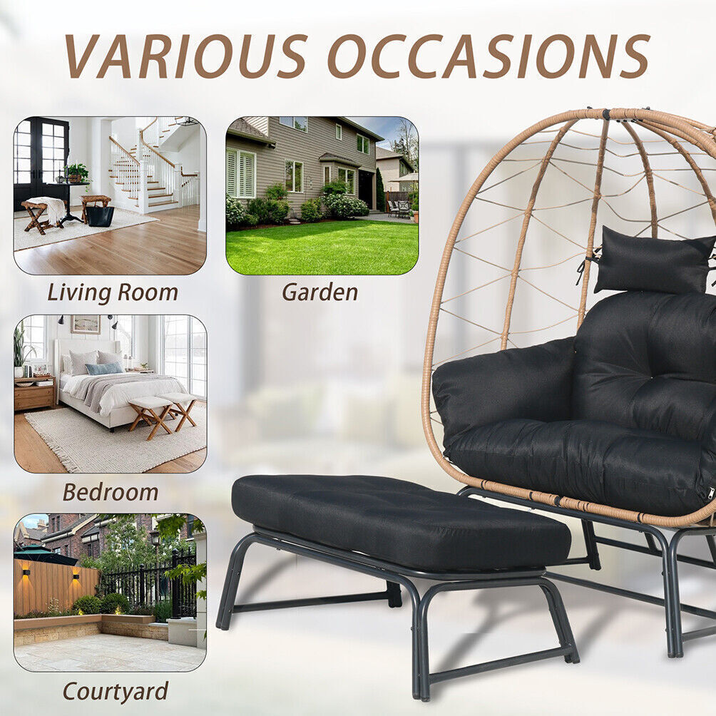 Wicker Egg Chair with Ottoman Outdoor Indoor Oversized Lounger Stand for Porch