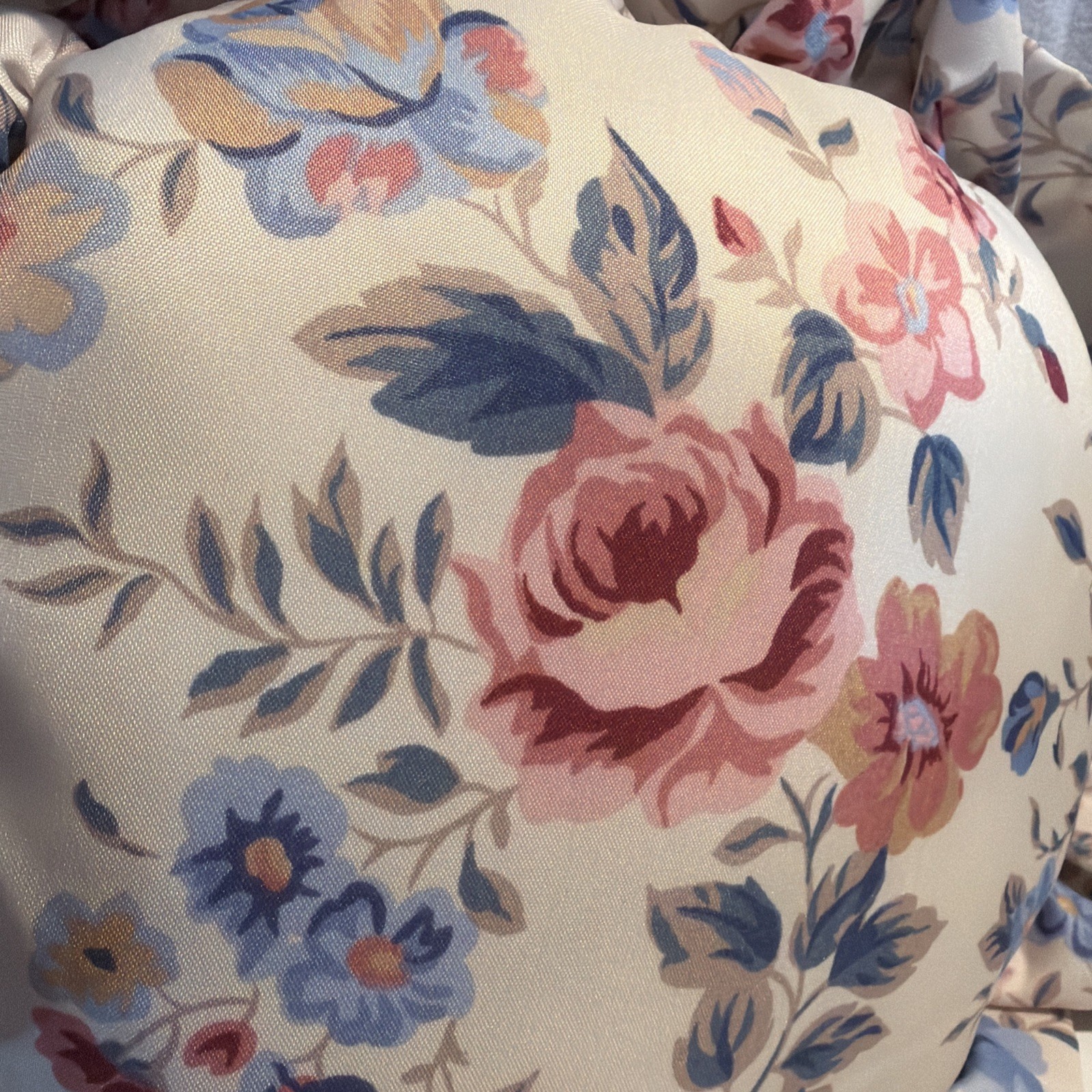 Pair Of Vintage Round Pillows Cream With Garden Rose Print Ruffle Circle Pillow