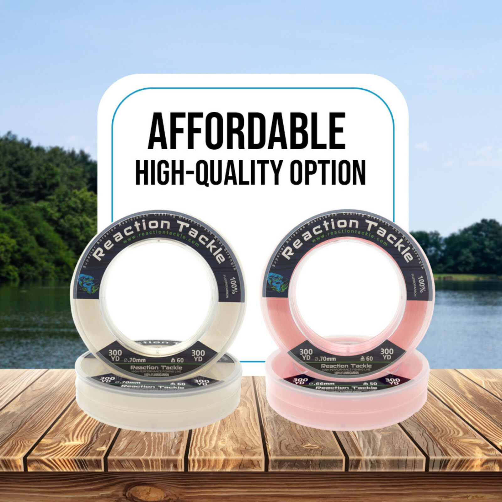 Reaction Tackle 100% Pure Fluorocarbon Fishing Line Pink or Clear Colors
