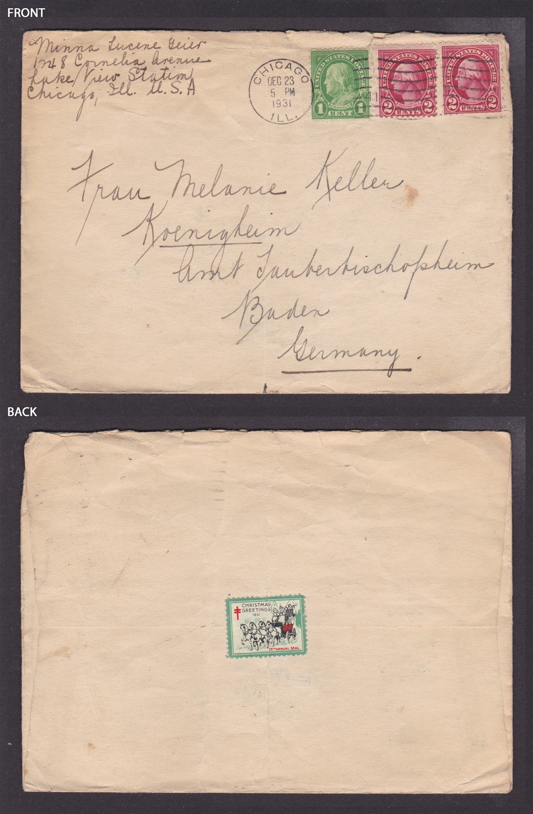 UNITED STATES 1931, Cover from Chicago to Germany with Christmas vignette