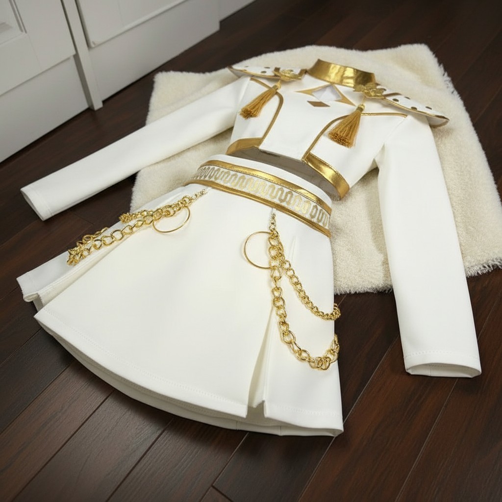 Girls K Pop Rumi Inspired Costume Set, White Gold, 3 Piece Kids Birthday Party H