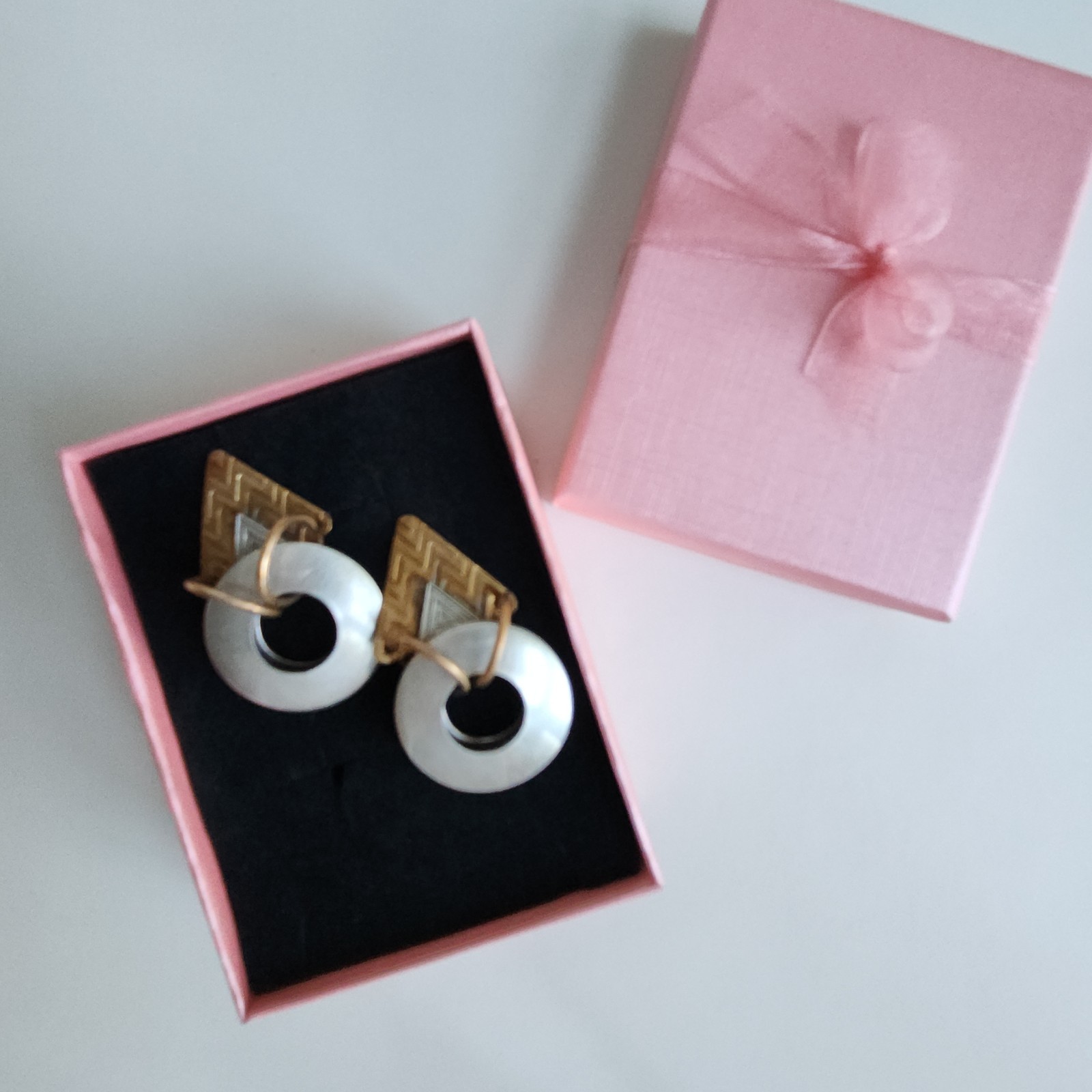 Handcrafted Geometric Artisan Post Earrings — Brass & Silver-Tone Disc Dangle