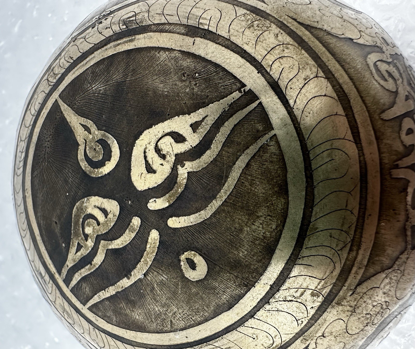 Rare Vintage Antique Tibetan Singing Bowl Heavy Metal Handcarved Patina