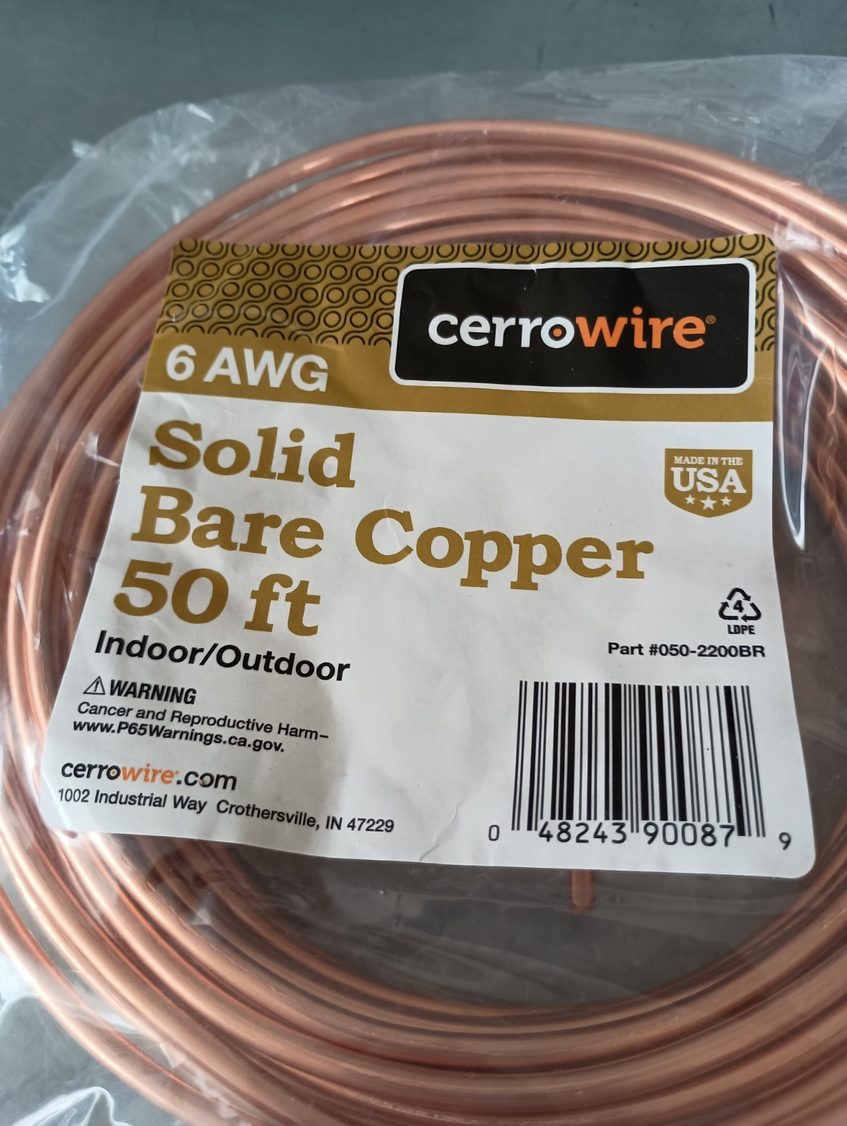 NEW 50 FT 6 AWG SOFT DRAWN BARE SOLID COPPER WIRE BY CERROWIRE FREE SHIPPING