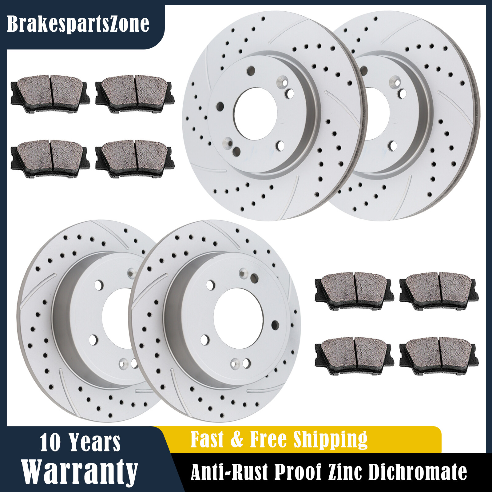 Fit for Hyundai Elantra Front Rear Brake Rotors Brake Pads Kit Slotted Brakes