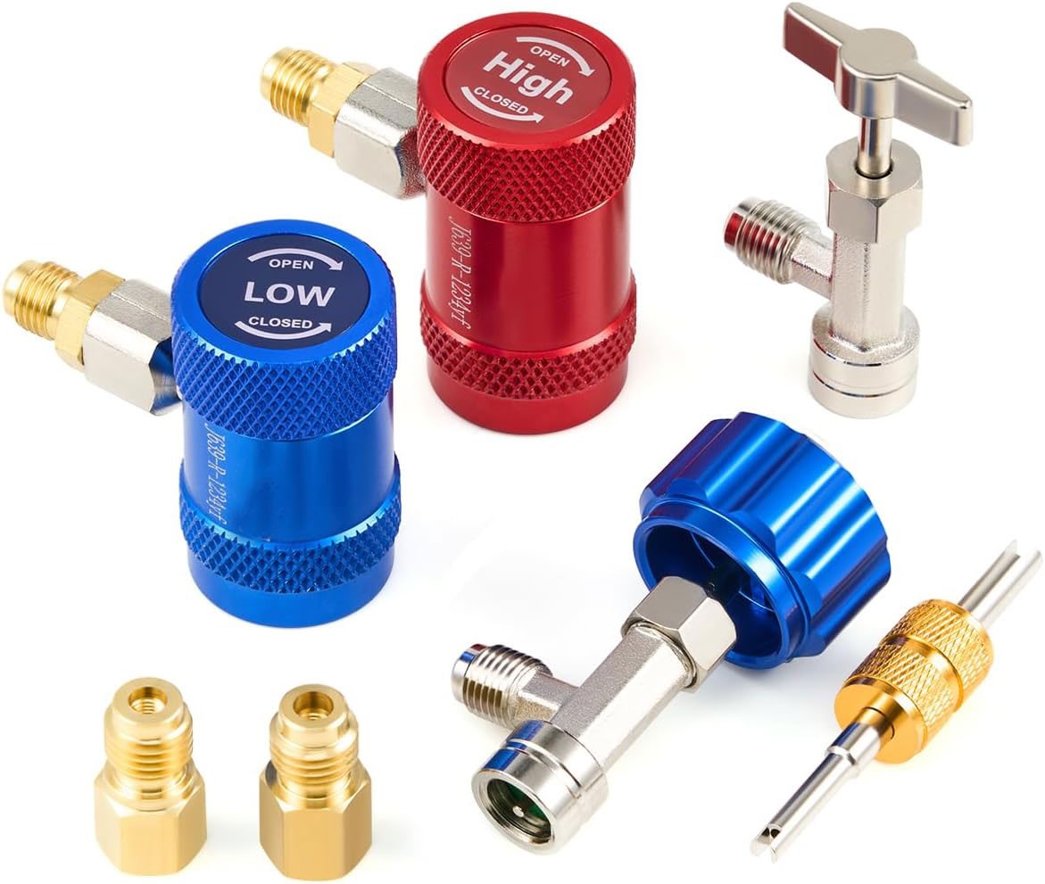 Car A/C R1234YF Quick Coupler Adapter Set with Self-Sealing & Puncture Can Tap
