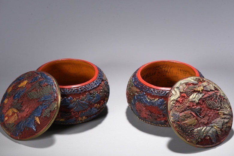 Old Dynasty Red Wood lacquerware Painting Carve tree house Jar Pot Crock pair