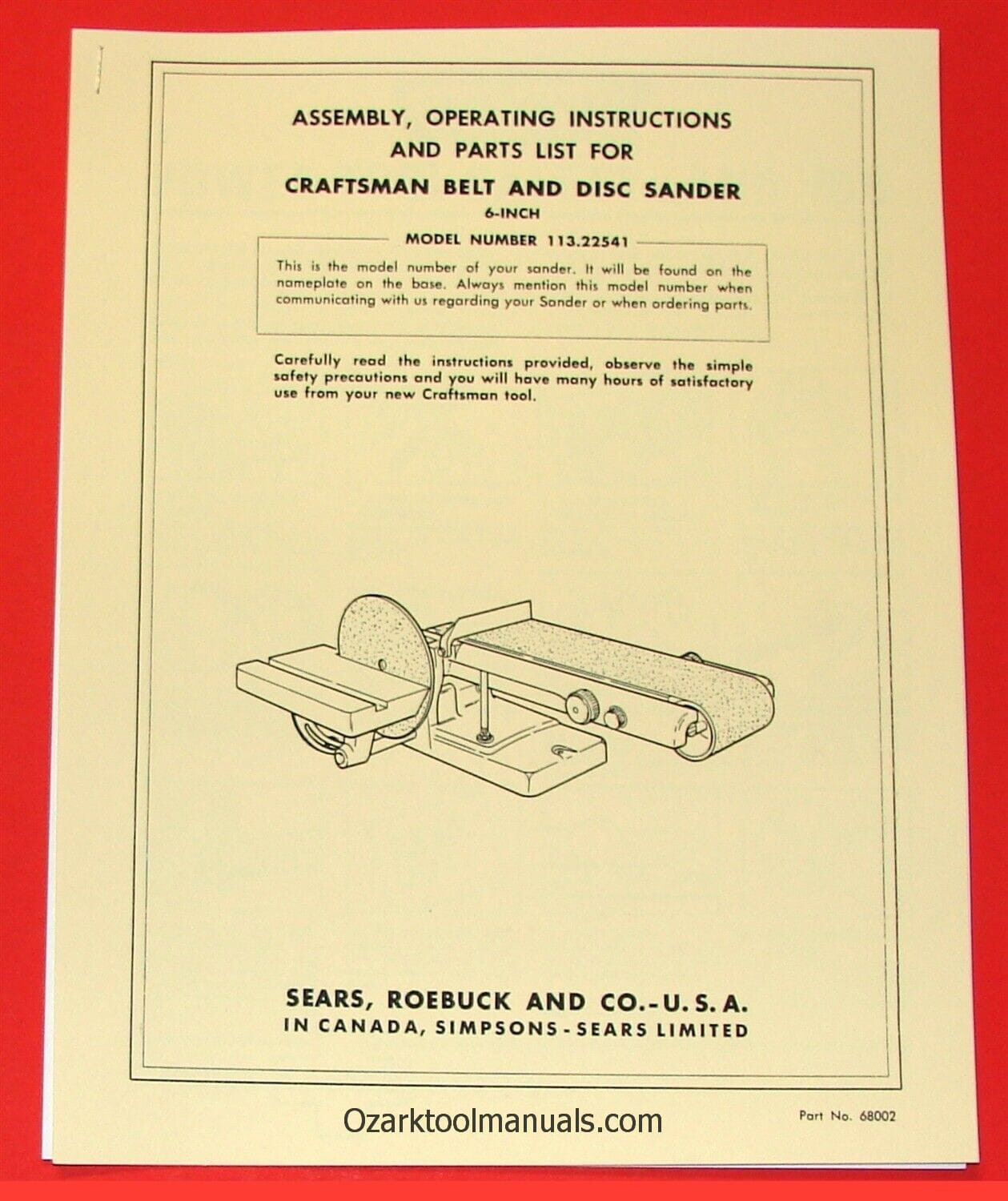 CRAFTSMAN 6" Belt & Disc Sander 113.22541 Instruction Owner's Parts Manual 1042