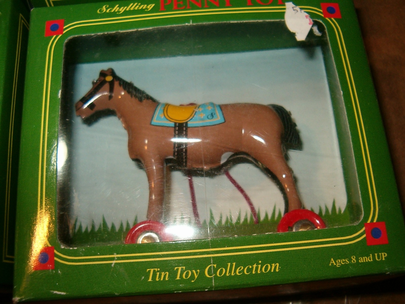 4 Schylling Penny Toy Tin Metal Horse on Wheels White, Rust, & 2 Brown 2003