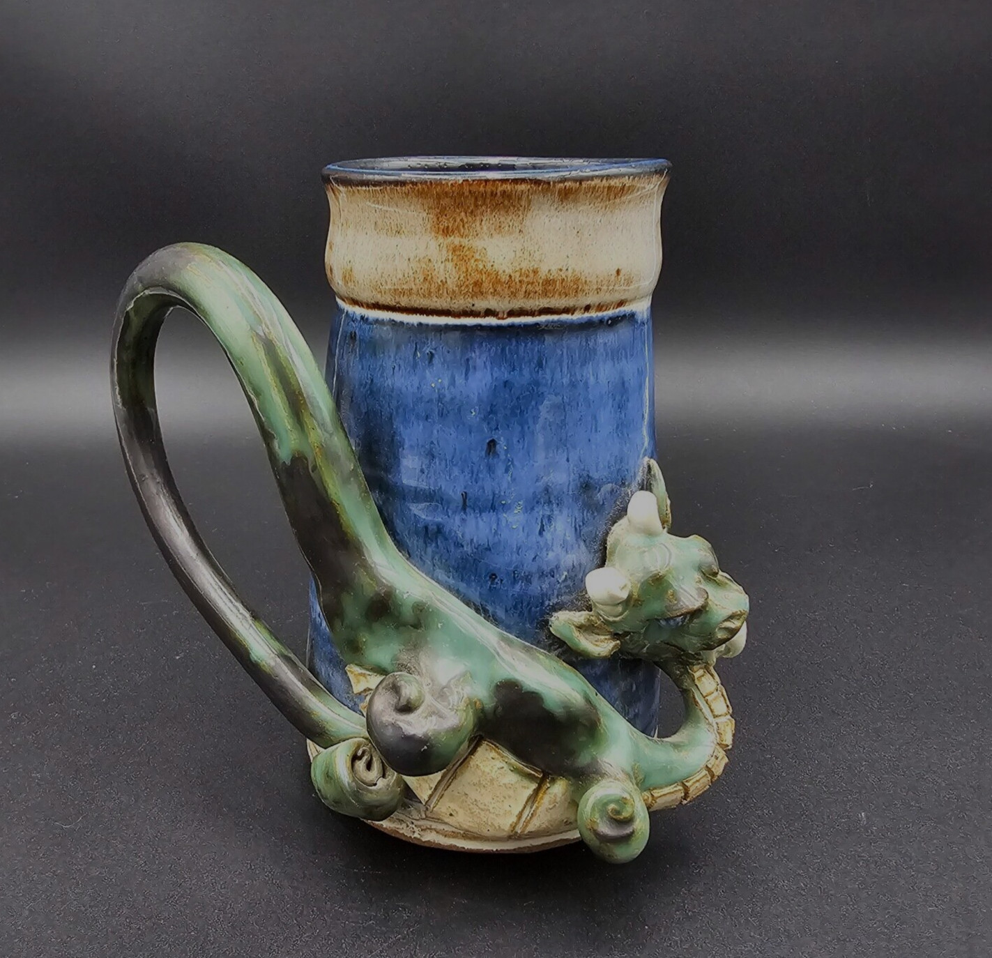 Studio Art Pottery Dragon Mug Stein Cup Large Artist Signed CM HR 7" tall