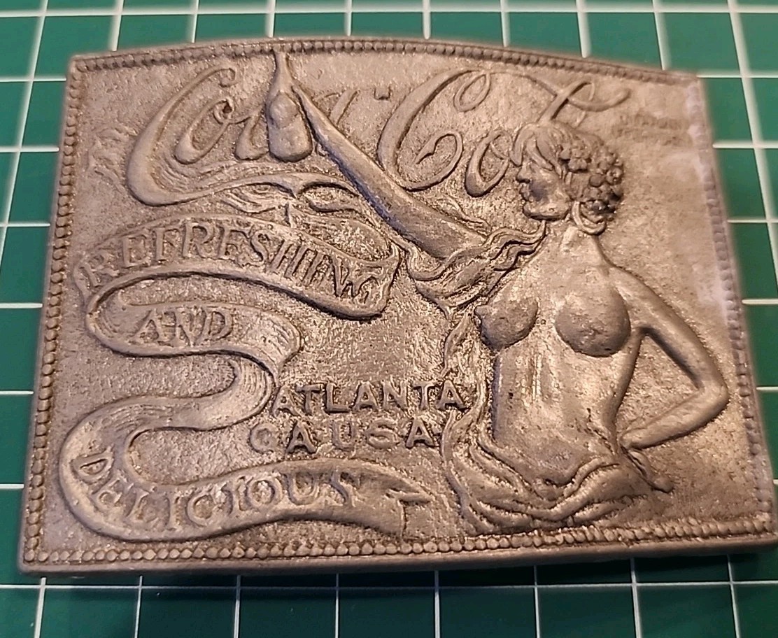 Vtg ? Coca Cola Belt Buckle Atlanta Georgia Tiffany Foundry Topless Lady - mjkRR