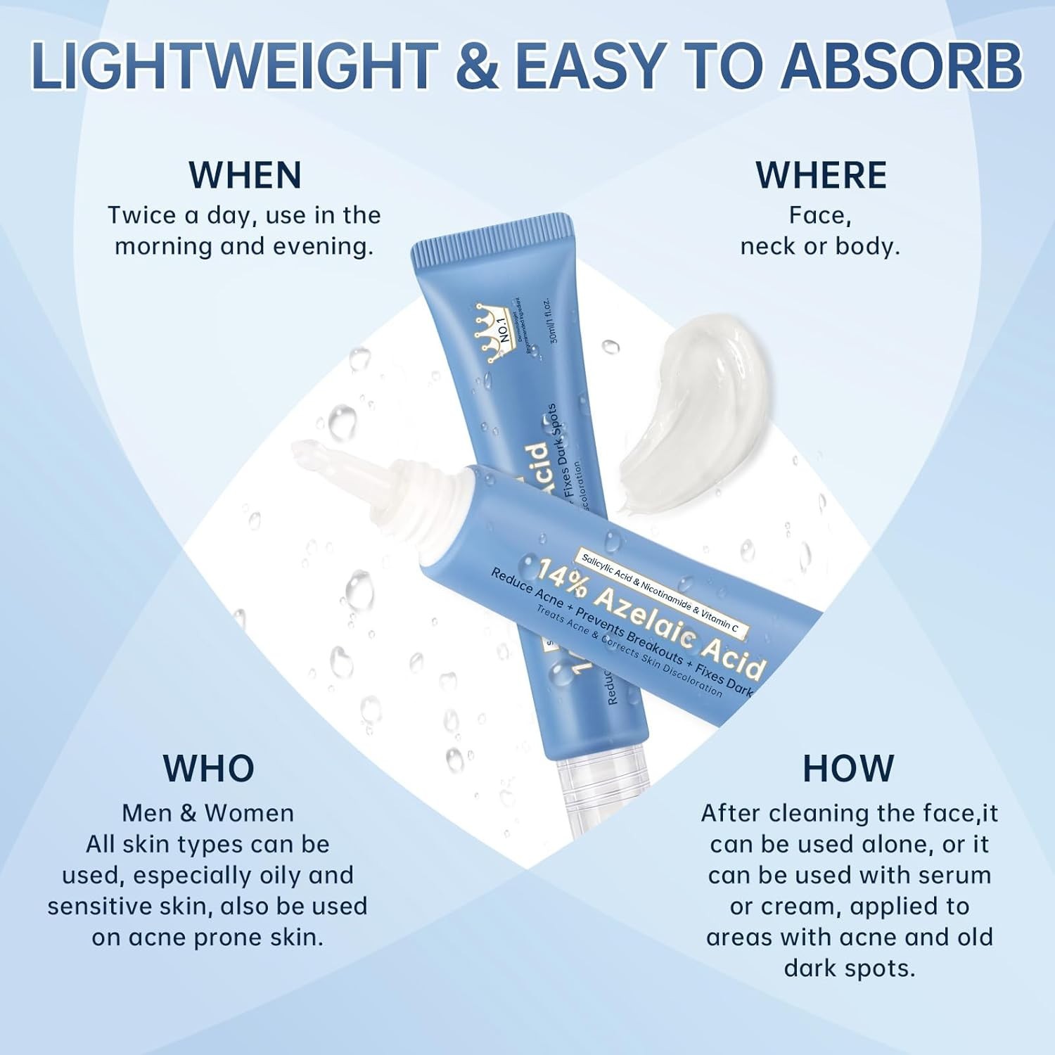 Azelaic Acid 14% Acne Cream for Redness Relief, Dark Spots, Facial Serum with Ni