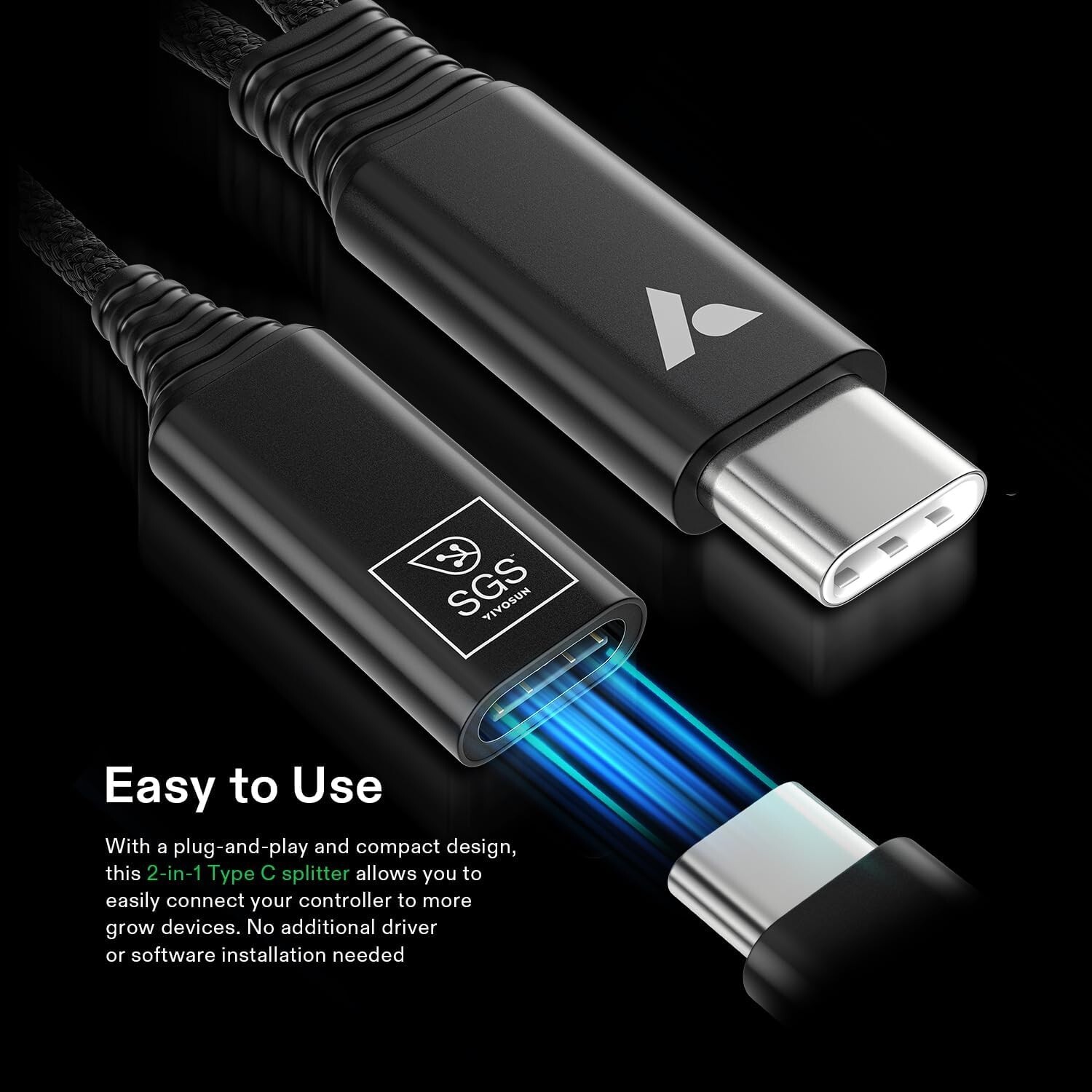 VIVOSUN USB-C Splitter w/1 Male to 2 Female,2-in-1 Type C Splitter,Daisy-Chain