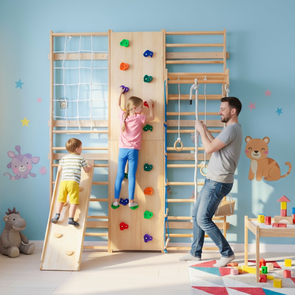 Indoor Climbing Set Rock Climbing Wall Wooden Swings Gymnastic Rings Rope Ladder
