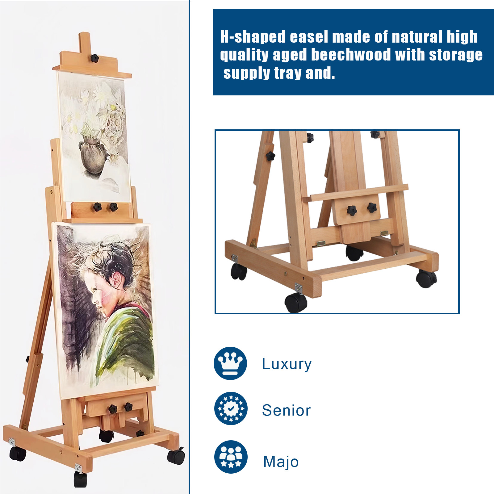 Large Heavy-Duty Studio Artist Easel H-Frame Wood Painting Art Easel Standing