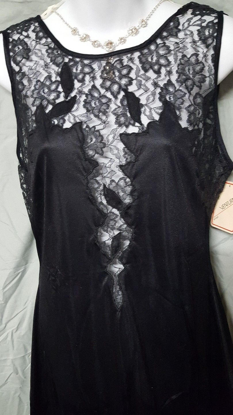 VENTURA BLACK NIGHTGOWN LACE NYLON LONG SEXY VINTAGE STYLE SIZES S M L 1X