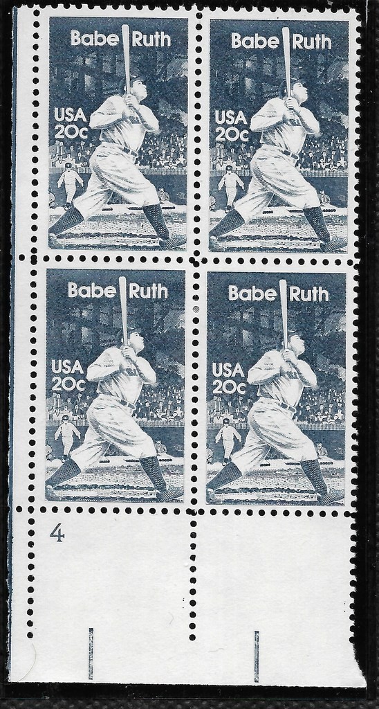 SCOTT 2046 20 CENT BABE RUTH PLATE BLOCK OF 4 MNH FREE SHIPPING