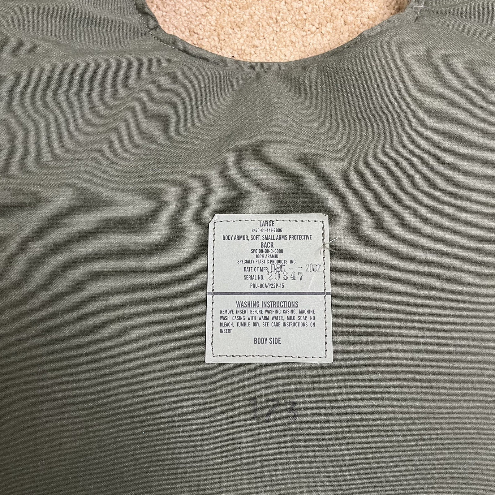 Body Armor Soft Small Arms Protective Large Undergarment Combat Vehicle Military