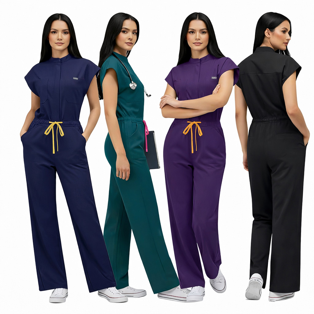 Wide-Leg Scrub Jumpsuit Zipper Collar Comfortable Fit Medical Scrubs Women