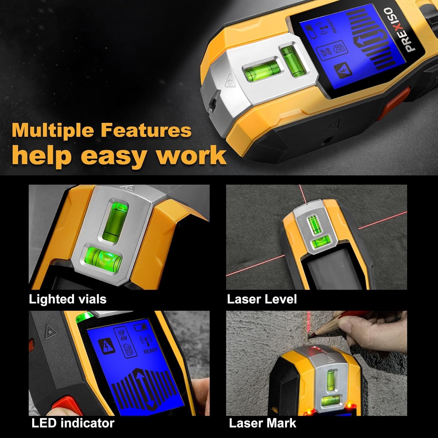 PREXISO 2-in-1 Stud Finder with Laser Level, Rechargeable Cross Line Laser NEW
