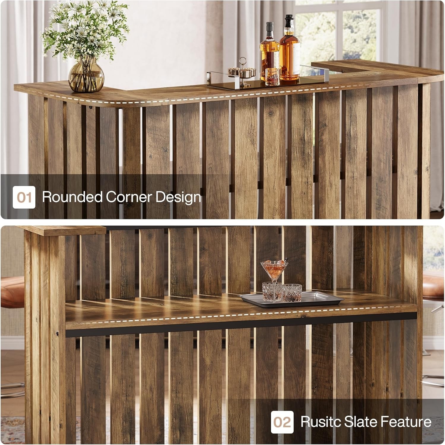 63'' Home Bar Unit, Farmhouse Liquor Bar Table with Storage Shelves, Bar Cabinet