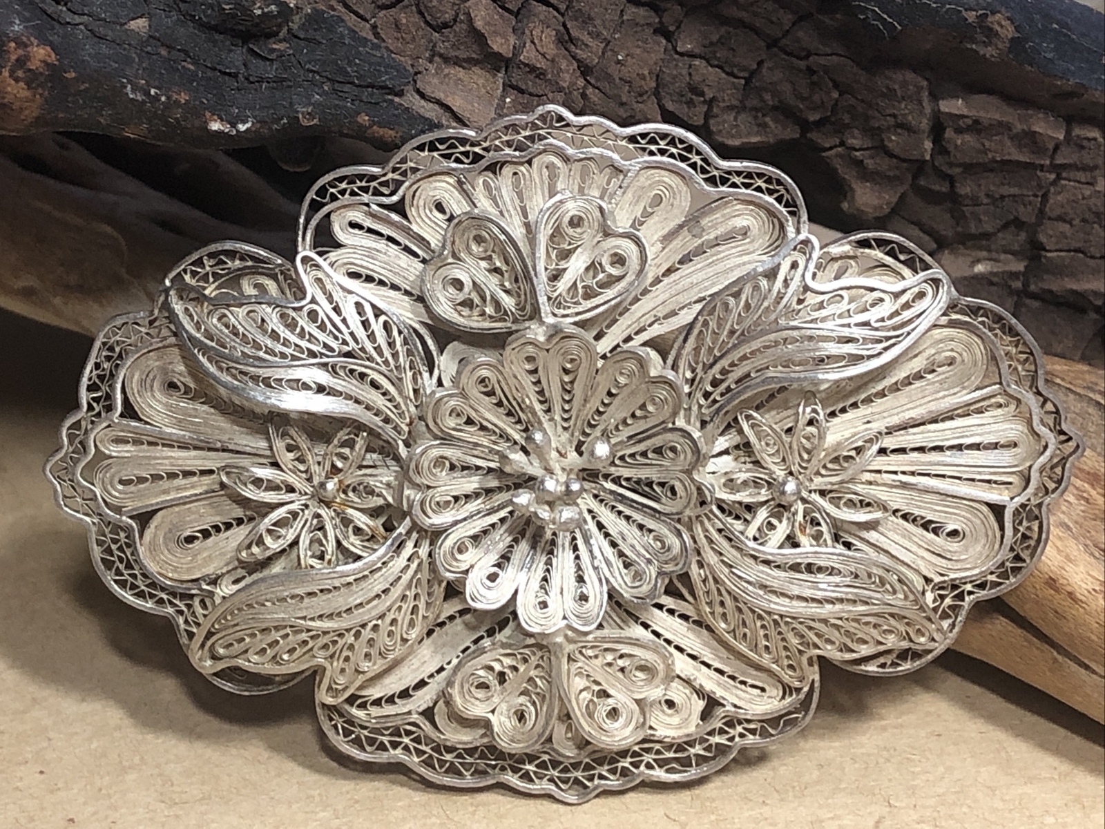 Vintage Old 925 Sterling Silver Cannetille Filigree Floral Pin Brooch 17.7g