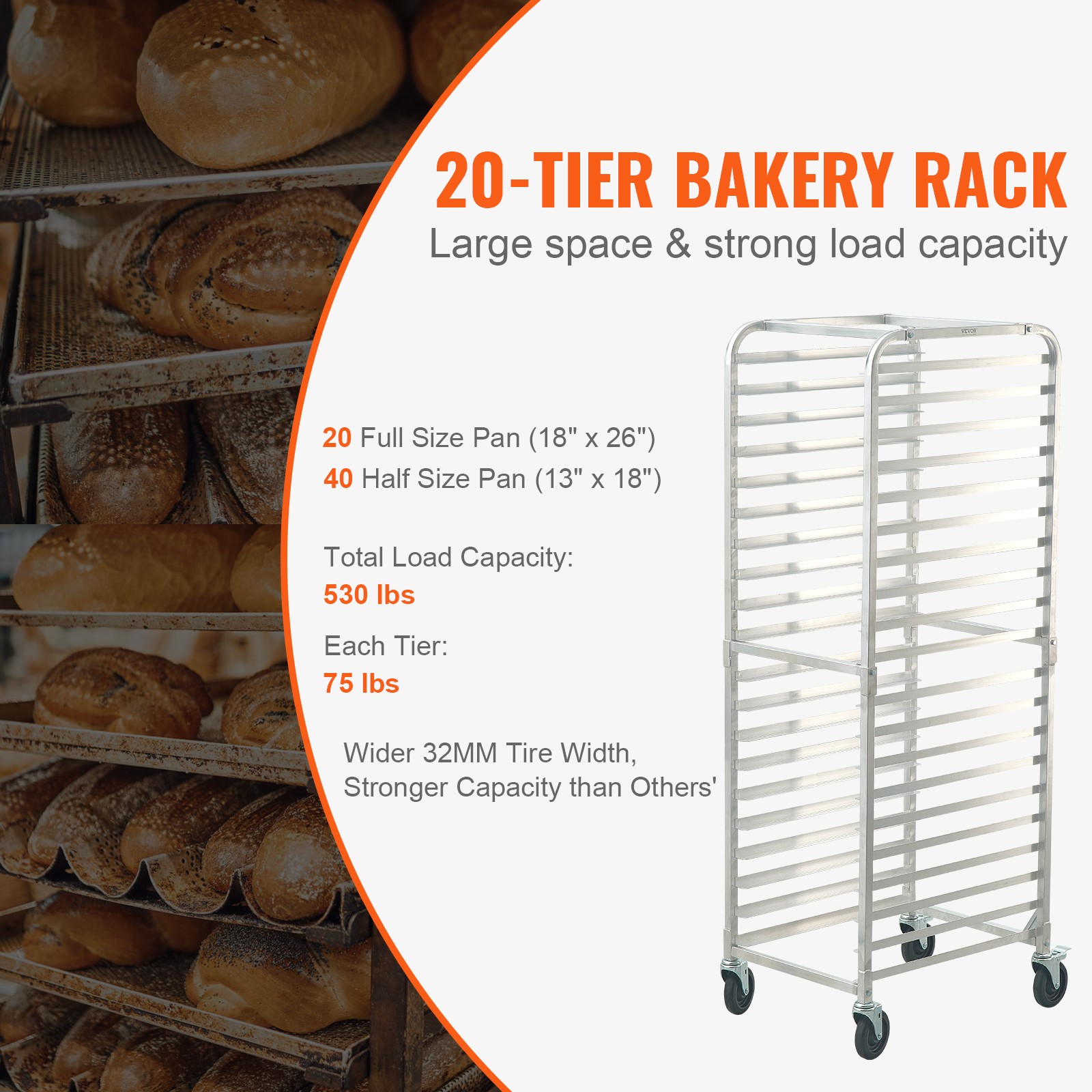VEVOR 20 Sheet Commercial Bun Pan Rack Kitchen Aluminum Baking Racks Brake Wheel
