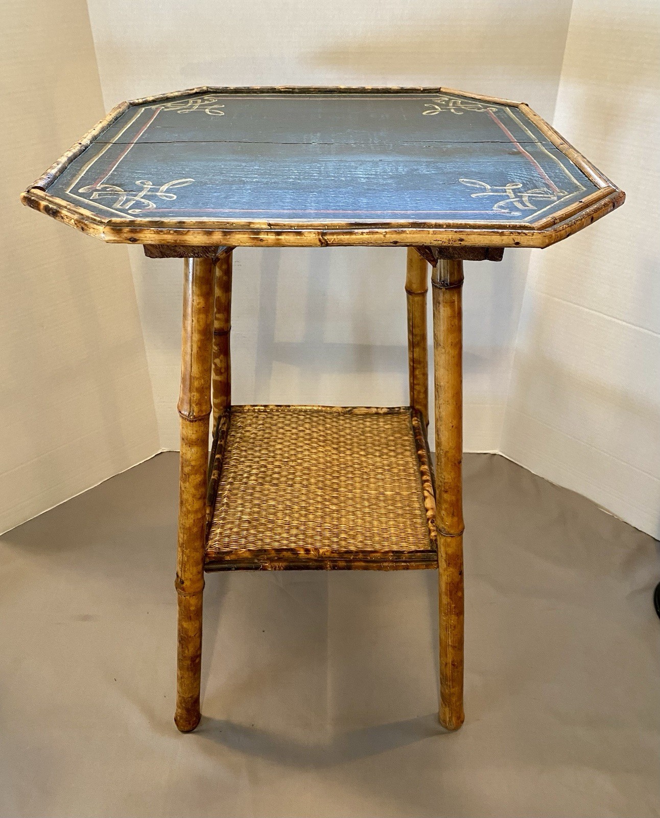 Antique 2 Tier Tiger Bamboo Side Table Victorian Aesthetic Painted Top **READ**
