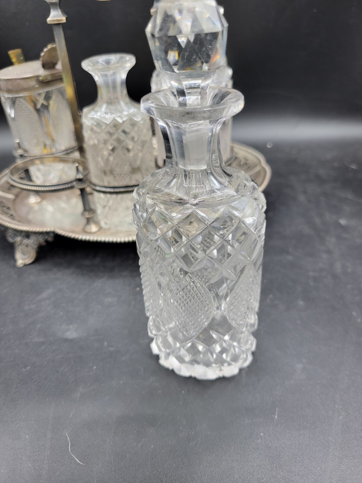 antique 1800's ornate cut crystal silver plate cruet condiment set caddy