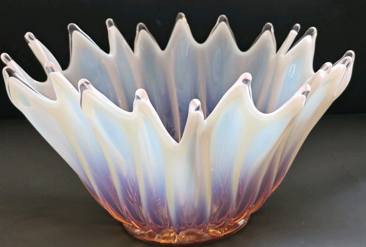 Beautiful Free Form Fostoria Heirloom Pink/Peach and White Opalescent Bowl