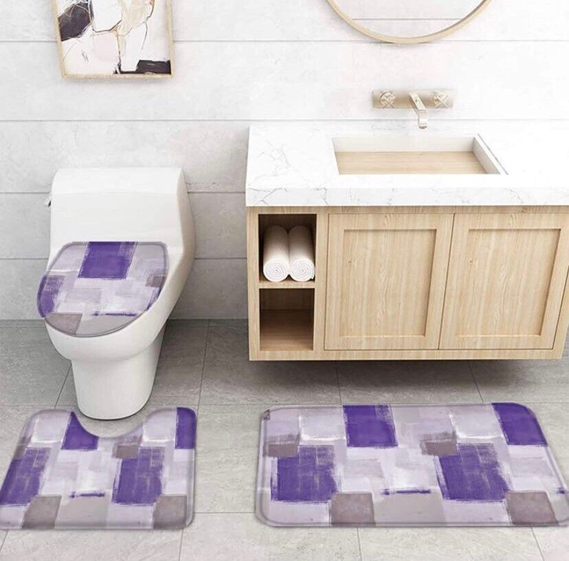 4psc Shower Curtain Set,Toilet Lid Cover,Anti Slip Floor Mat