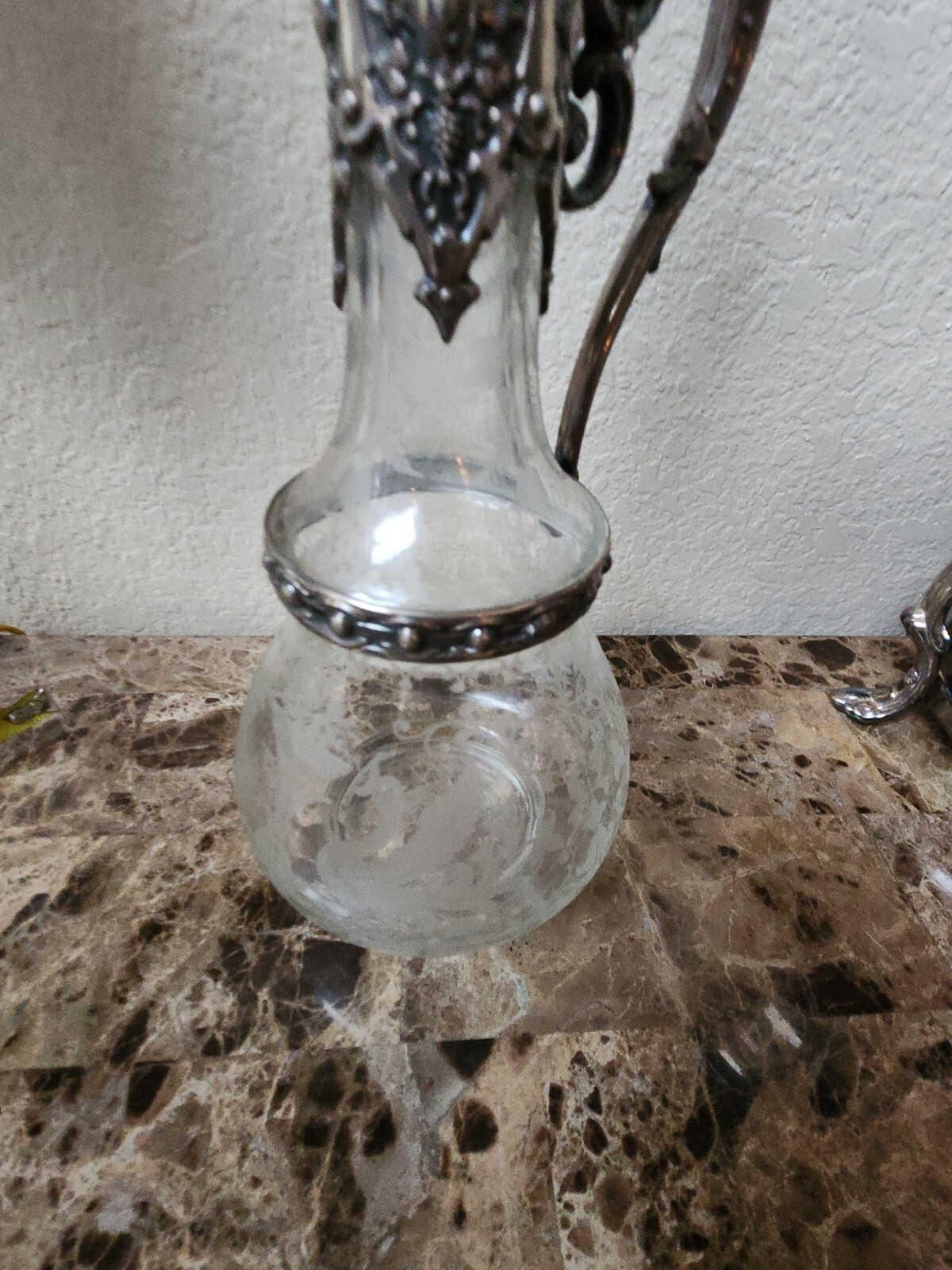 RARE Antique Circa Art Nouveau Silver Plate Etched Glass Claret Jug decanter