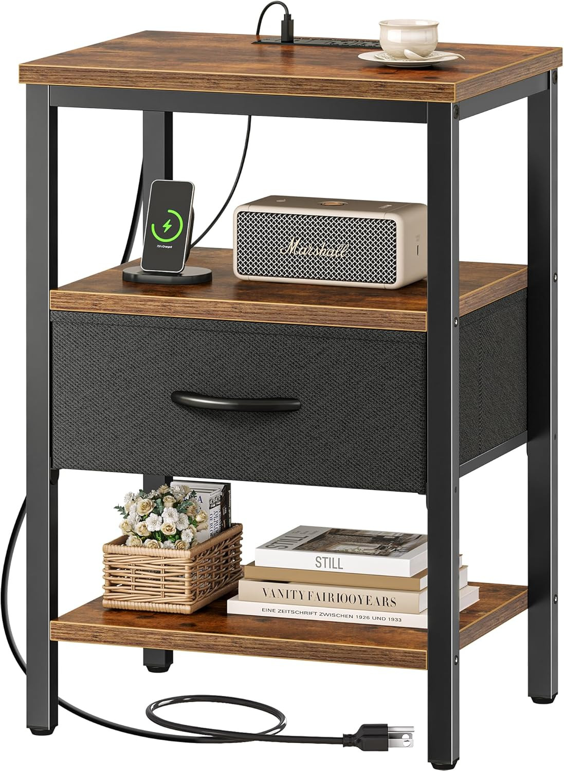 Nightstand with Charging Station, Bed Side Table with Adjustable Fabric Drawer,