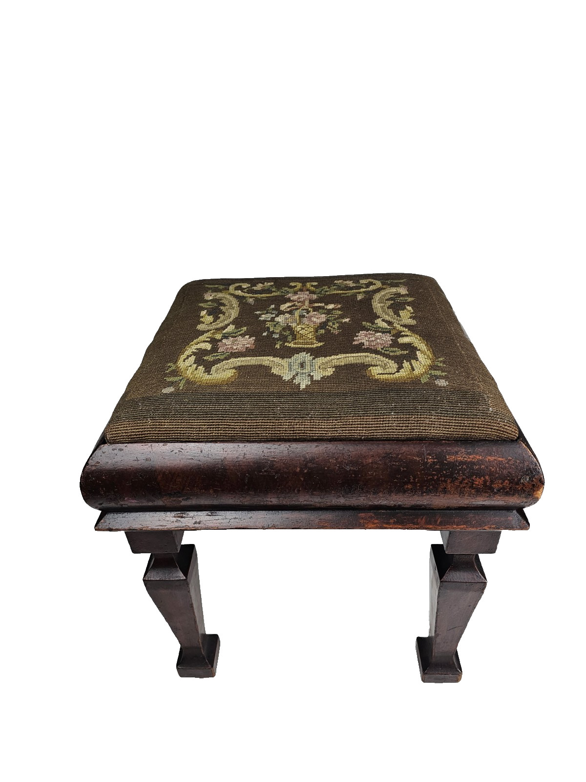 Antique Floral Needlepoint Footstool Victorian Decorative Stool (c. 1890–1915)