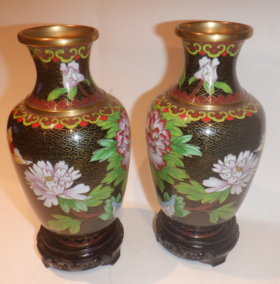 Pair of Vintage Cloisonne' Brass & Enamel Chinese Floral Vases w/Wood Stands