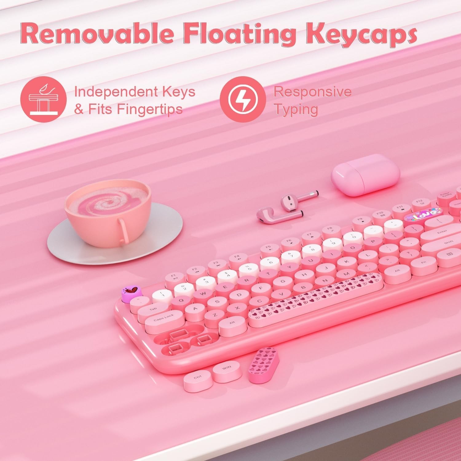 Pink Wireless Keyboard and Mouse,MOFII 104 Round Keys Lovely Full-Size