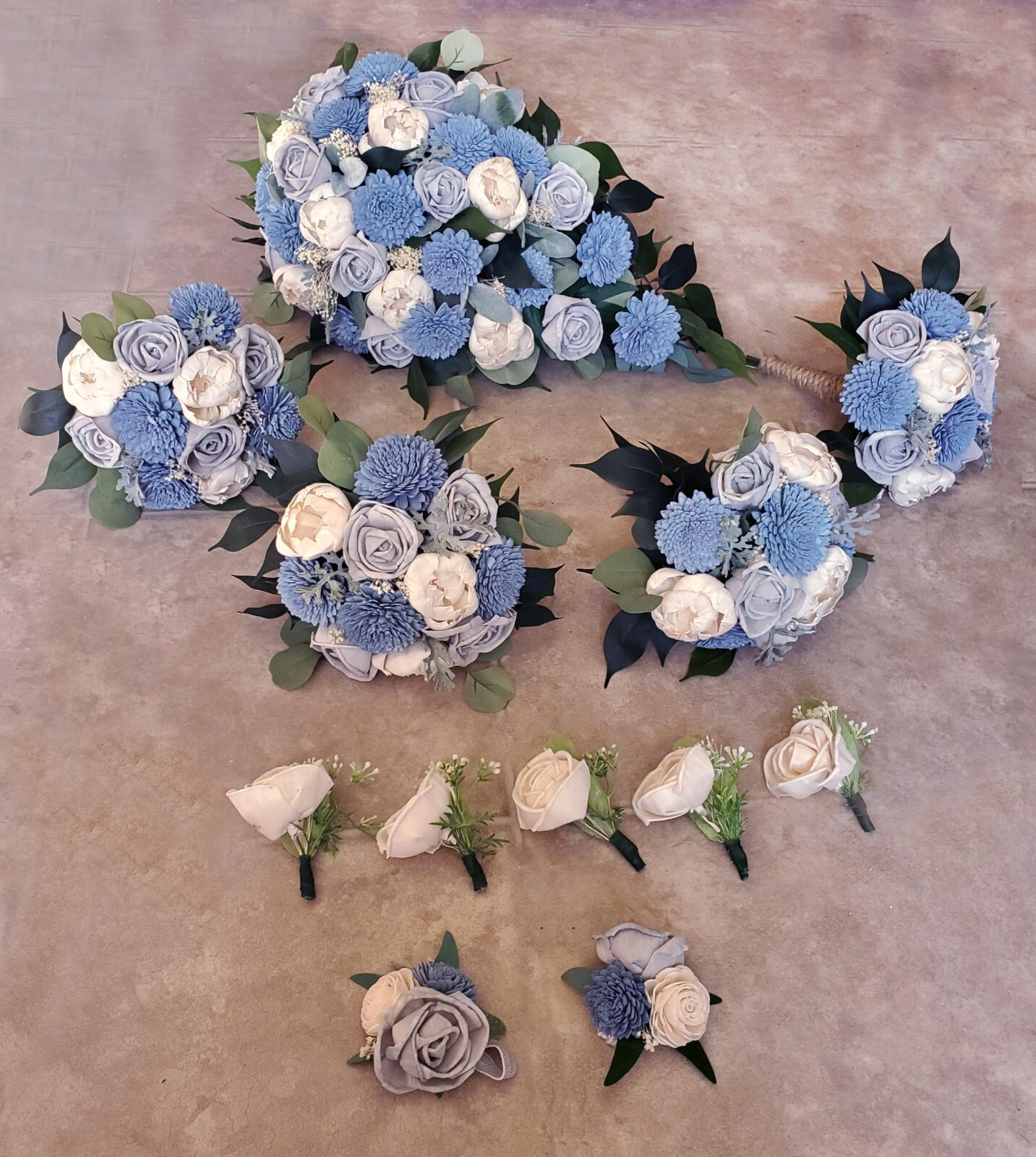 Dusty Blue Gray Bridal Bouquet Sola Wood Flower White Wedding Cascade Artificial