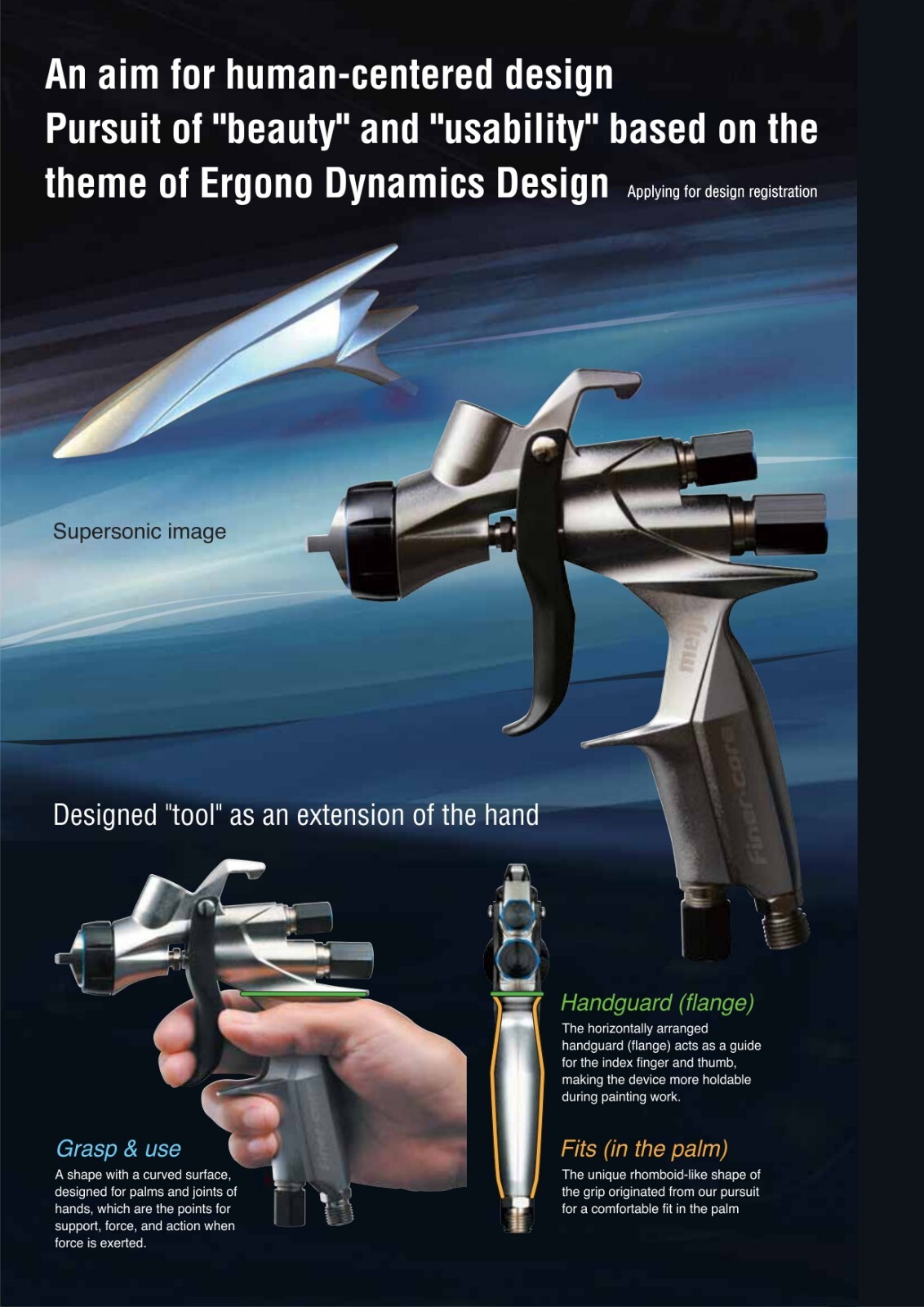 Meiji FINER-CORE-13 1.3mm Center Cup Spray Gun without Cup Gravity feed Japan