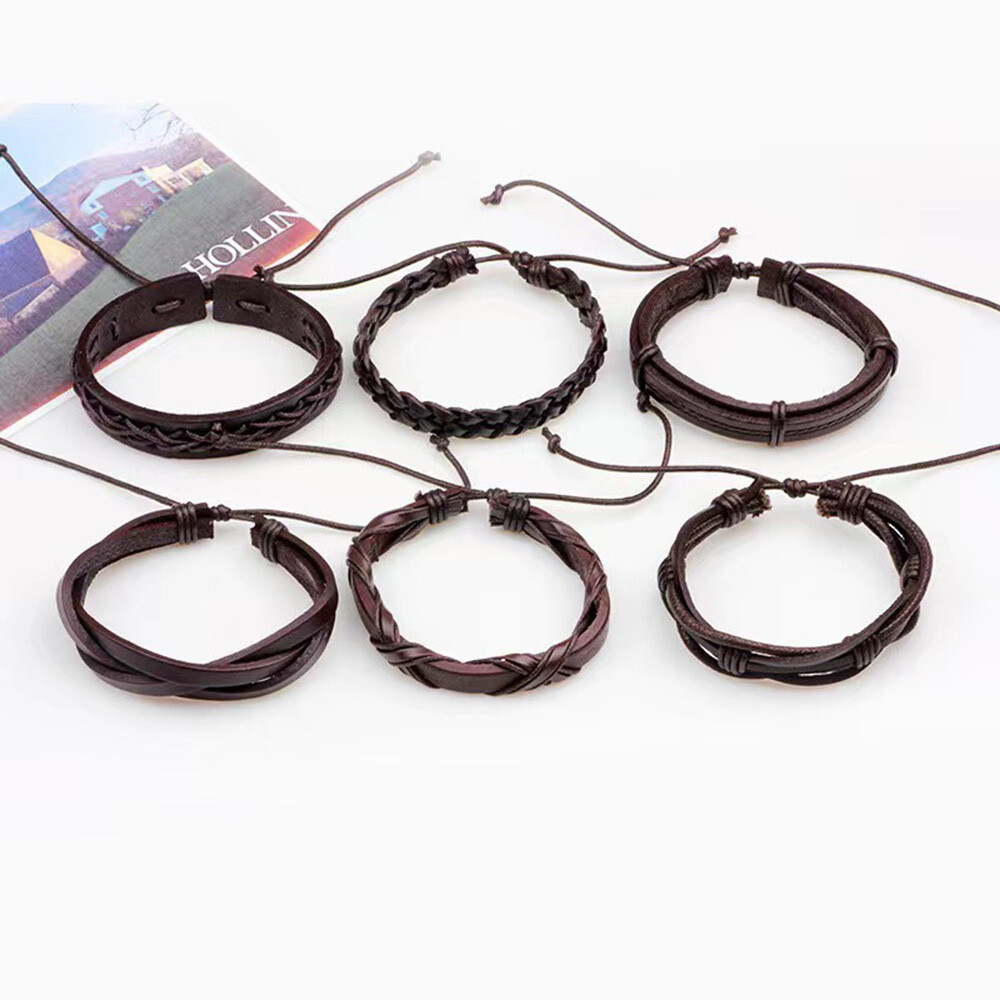 6/12PCS Men Women Braided Leather Rope Bracelet Set Wristband Bangle Tribal