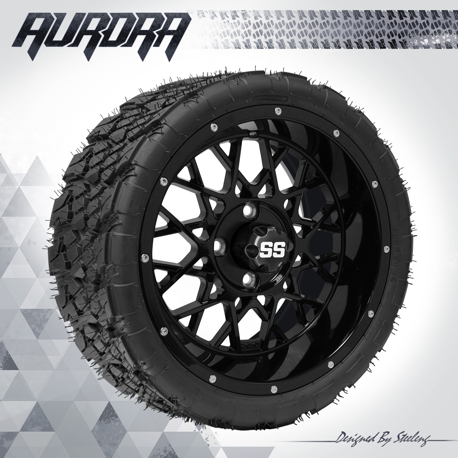 GOLF CART 14" BLACK 'VENOM' WHEELS/RIMS and 20" 'AURORA' DOT A/T TIRES