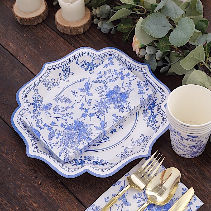 20 White Blue Floral 2 Ply Paper Disposable Dinner Napkins Party Decorations