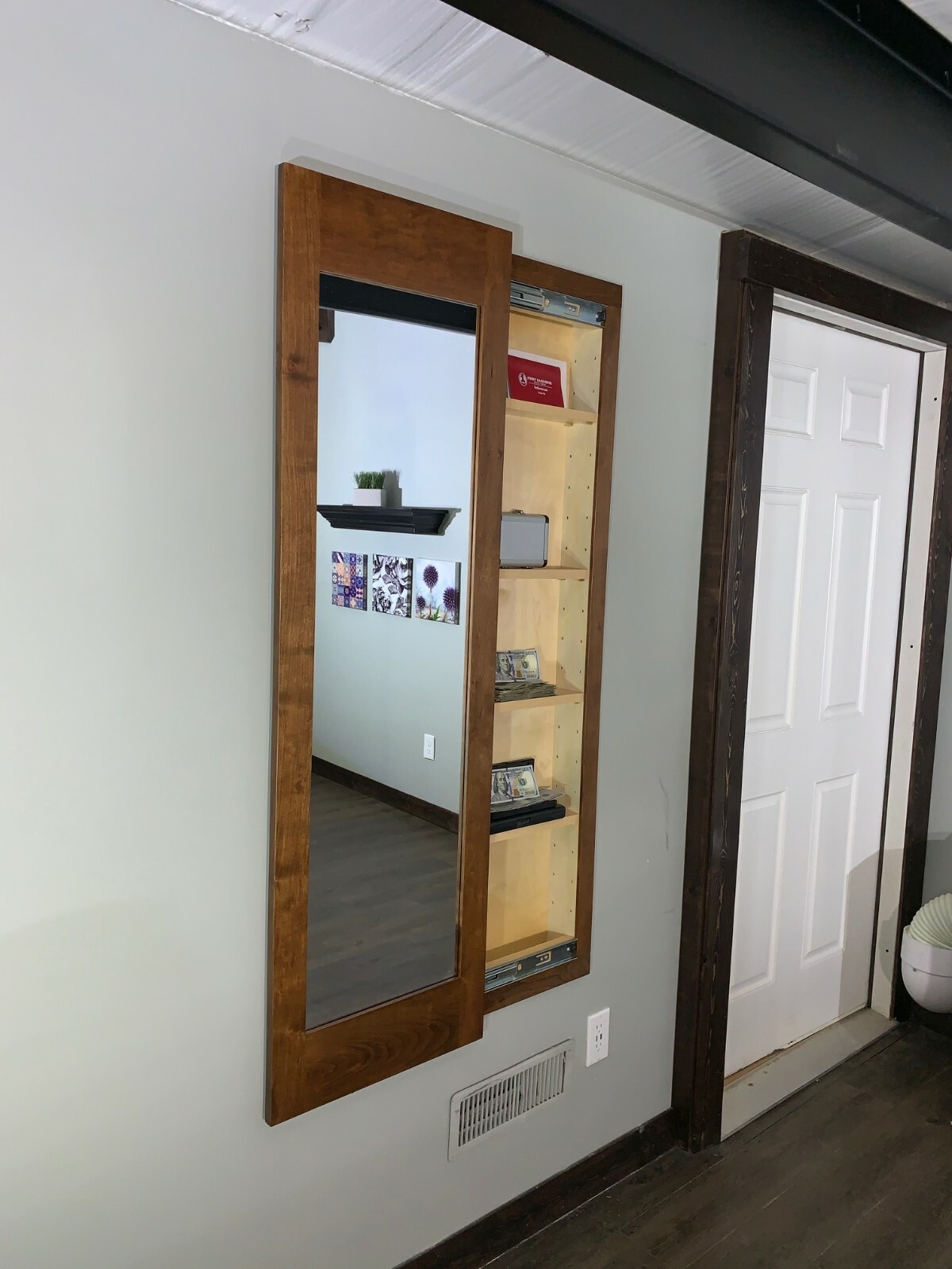 Hidden storage mirror, In-wall gun safe concealment cabinet - American Walnut