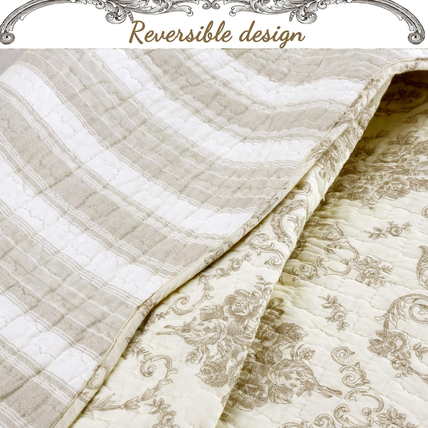 FRENCH IVORY MEDALLION 3p King QUILT SET: COZY COTTON TOILE STRIPE SHABBY FLORAL