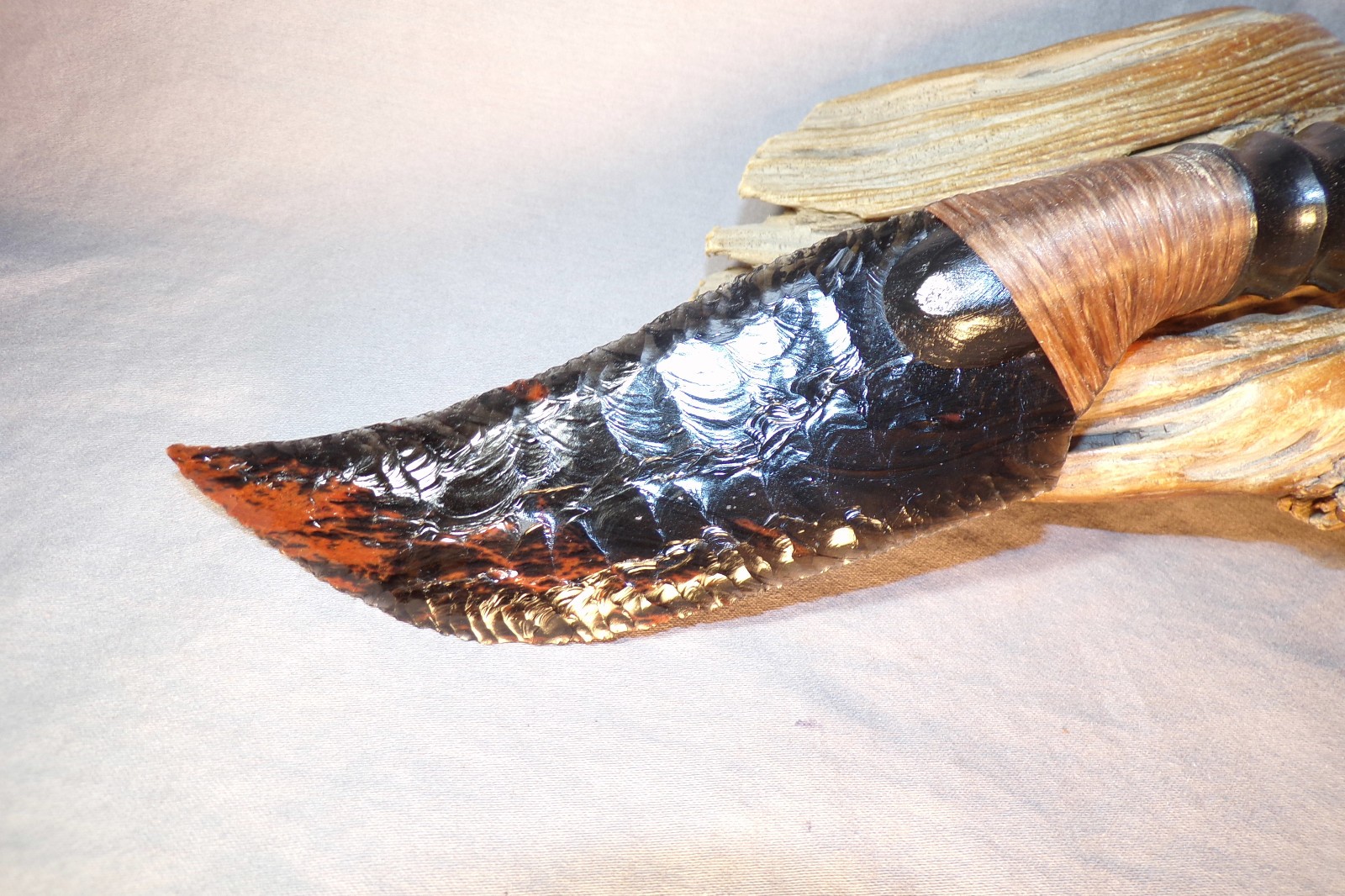 Triple Flow Obsidian Skinning Knife Carved African Antler Handle Flint Knapping