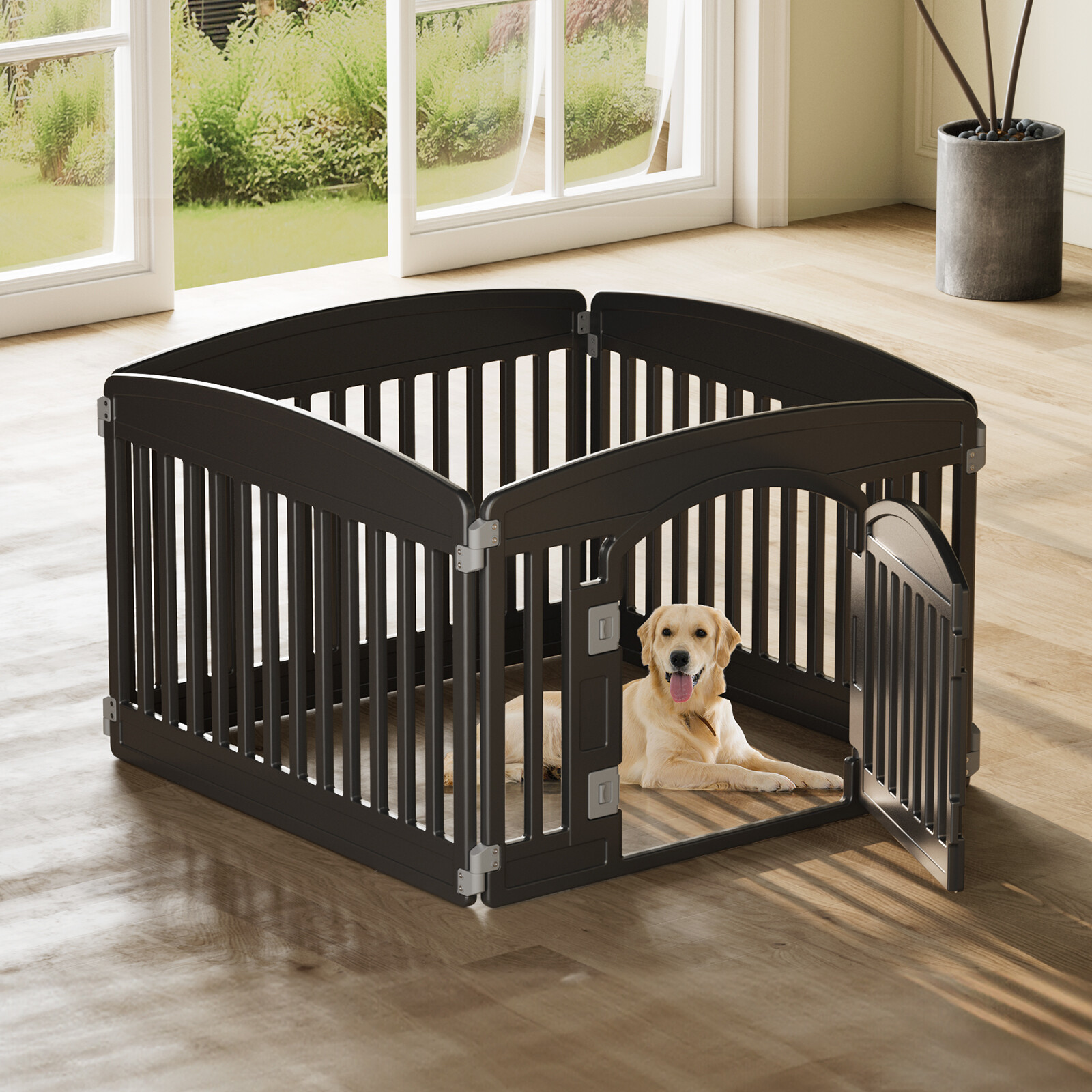Pet Playpen Plastic Dog Playpen Lockable Sliding Door 4/6 Panel 24in Suction Cup