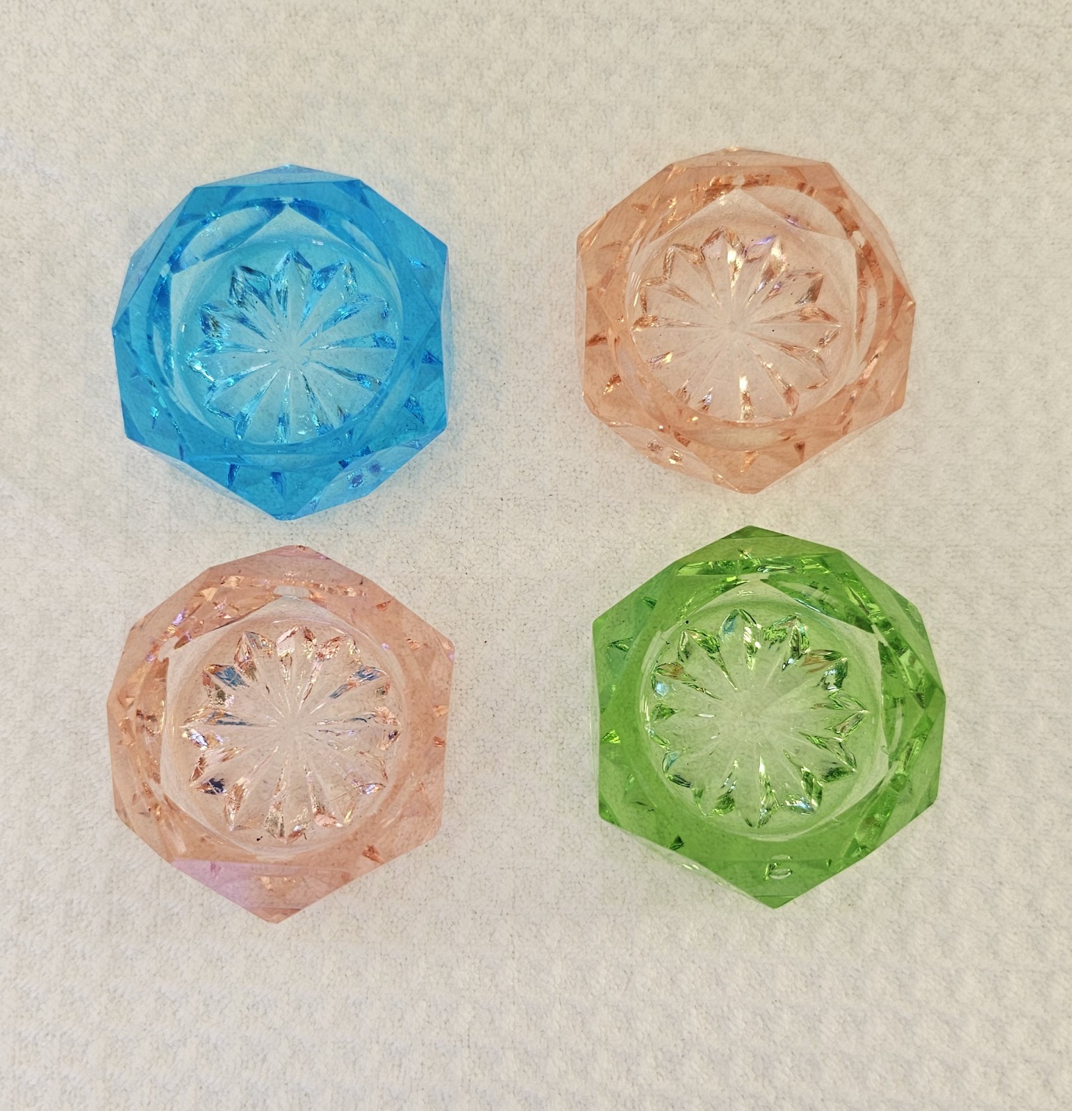4 Hexagon Pastel Pressed Glass Salt Cellars W/ 2 Spoons