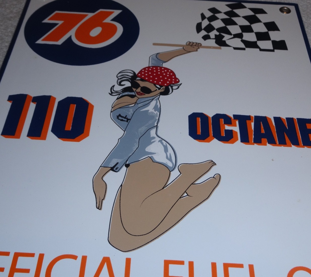 VINTAGE UNION 76 GASOLINE WOMAN +RACING FLAG 12" PORCELAIN METAL NASCAR OIL SIGN